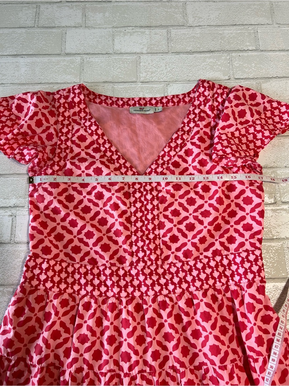 Vineyard Vines Pink & Red Geometric V-Neck Dress Size Small Preppy Vacation - Picture 6 of 10
